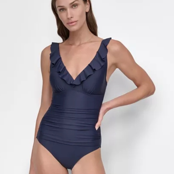 Dkny Ruffle Plunge Underwire Tummy Control One-Piece Swimsuit - Picture 1 of 4